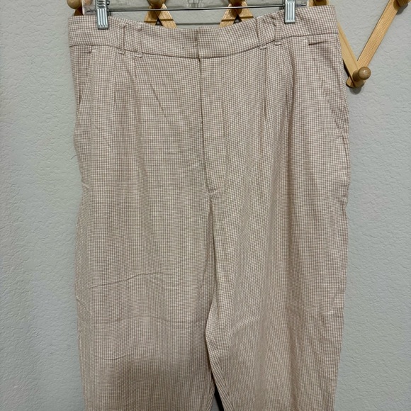 Abercrombie & Fitch Long Linen-blend Pleated Tapered Pants Beige Gingham Size L - Picture 3 of 8